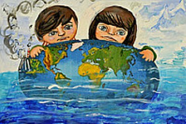 A cartoon image of two children with a globe of the world