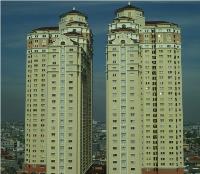 Twin high rise apartment blocks.