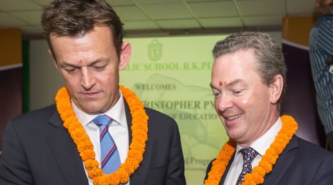 Adam Gilchrist and Christopher Pyne at the launch of the Australia-India BRIDGE School Partnerships Project