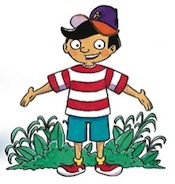 Cartoon Devon stands with his hands outstretched. He is wearing a red and white striped shirt and a baseball cap.