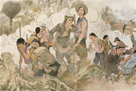 Drawing of Chinese workers in Australia on Harvest of Endurance scroll