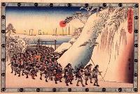 A print depicting a group of ronin entering the Sengakuji temple to pay homage to their lord Enya