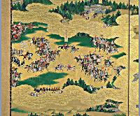 A golden painting of Japanese cavalry manoeuvres in the 17th centruy