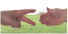 An image of scissors, V-shape hand, beating paper, flat hand