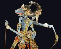 Wayang kulit puppet showing highly decorated costume and character features