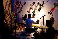Wayang performance with puppeteer manipulating puppets behind a lighted curtain