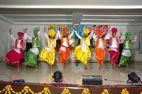 Colourfully costumed male dancers performing the Bhangra dance