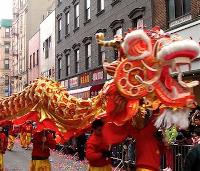 Chinese lions dancing in a Chinese New Year celebration in Yokohama, Japan