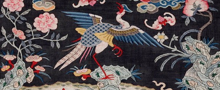 Golden pheasant rank badge, 2nd rank civil servant, silk tapestry with painted details. China, Qing Dynasty,18th century