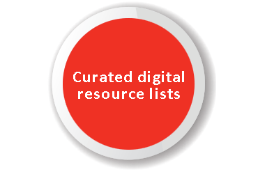 Magenta circle with words 'Curated digital resource lists' in the middle