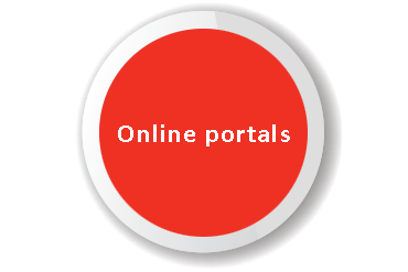 Magenta circle with words 'Online portals' in the middle